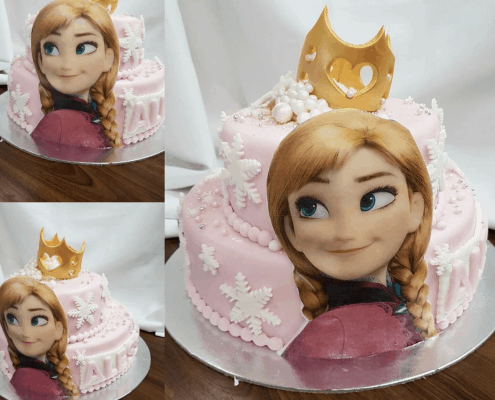 Detská ružová torta frozen s annou a zlatou korunkou