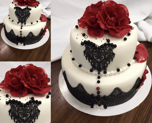 Narodeninová torta s čiernou jedlou čipkou a červenými ružami