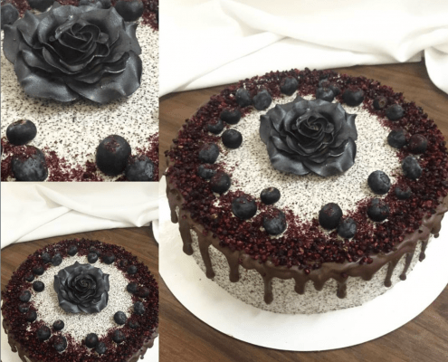 Narodeninová torta s čiernou ružou a makom