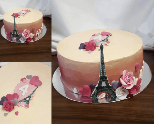 Narodeninová torta s eifelovou vežou a kvetmi