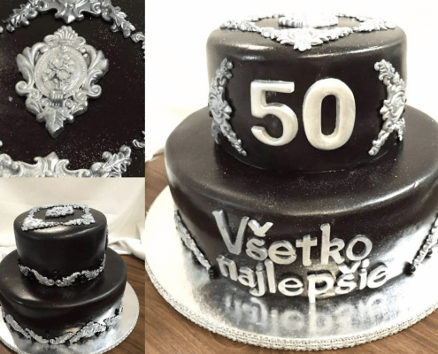 narodeninová torta so striebornými ornamentami a čiernym fondánom