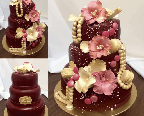 Narodeninová bordová torta s perlami a kvetmi s perličkami